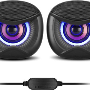 USB Powered Computer Speakers with RGB Blue Lighting 2.0 Stereo Sound System, Headphone Jack, Plug and Play, Works with PC/Laptop (USB-C Adapter Included)